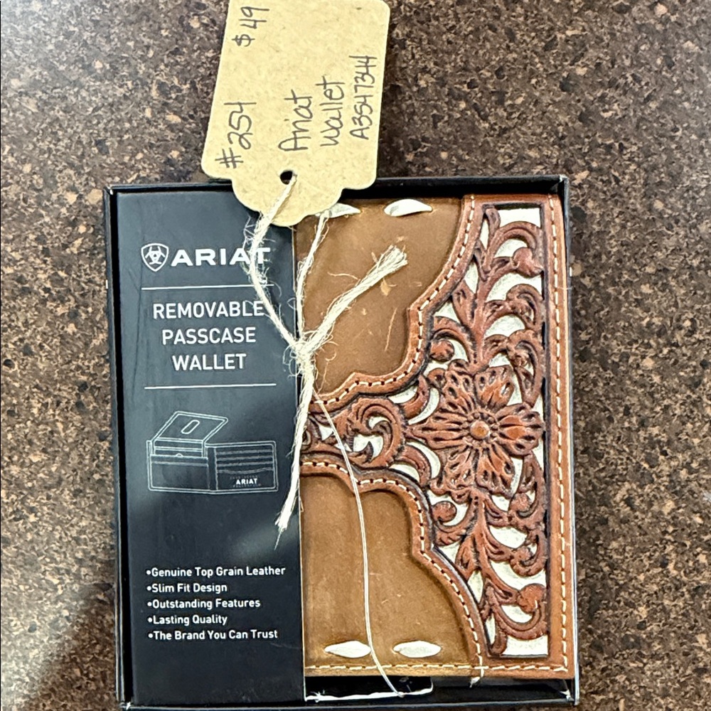 Ariat Tan Leather Wallet with Floral Design